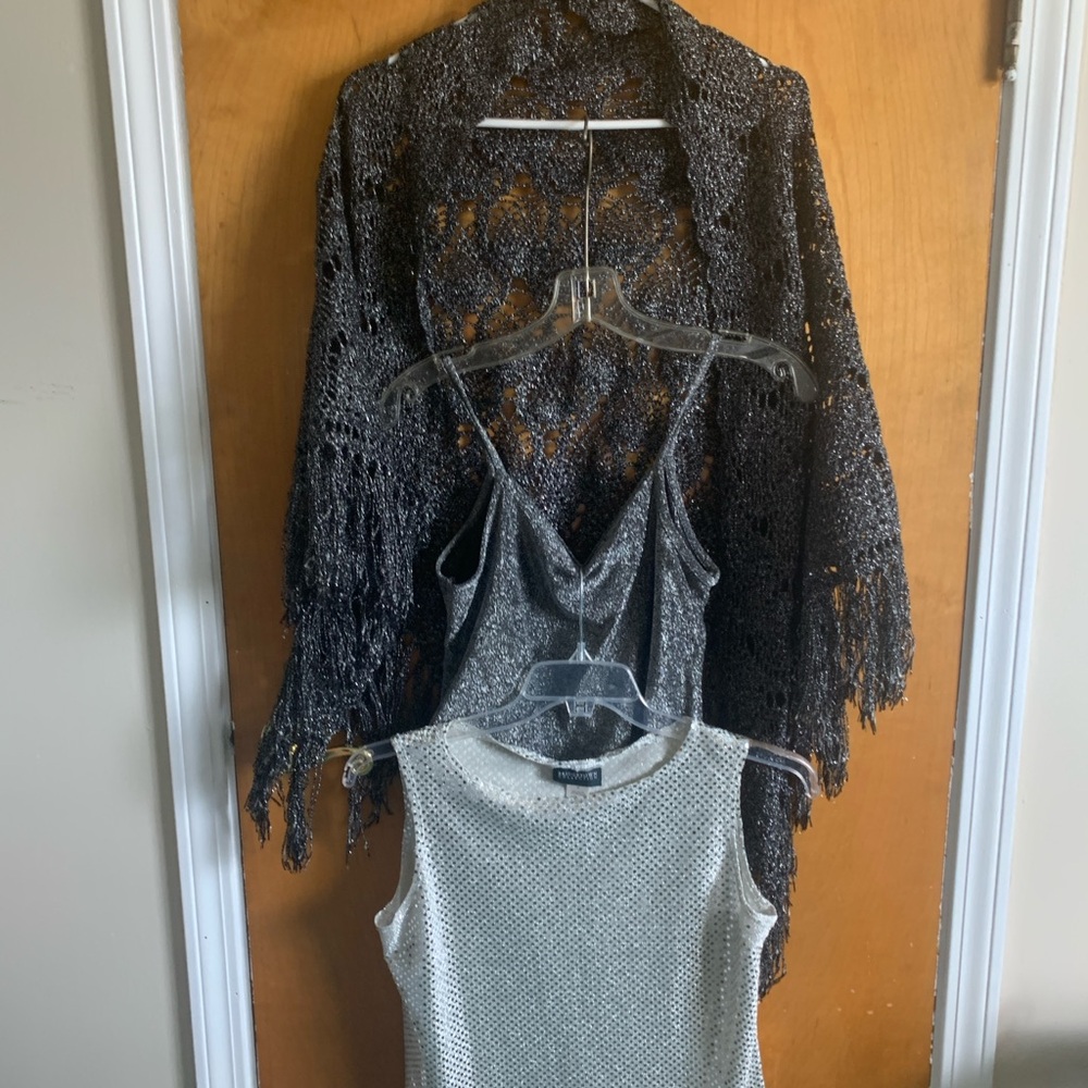 Black Crochet Cardigan and Silver Tank Top